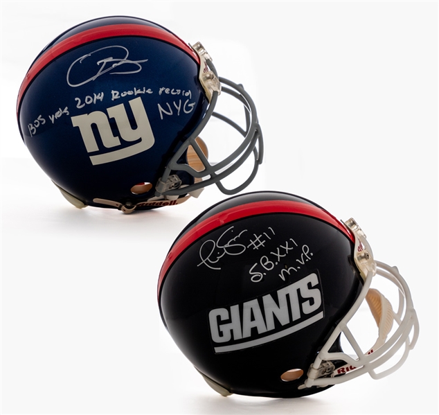 Odell Beckham Jr. and Phil Simms Single-Signed New York Giants Full-Size Riddell Authentic Pro Model Helmets with Steiner COAs