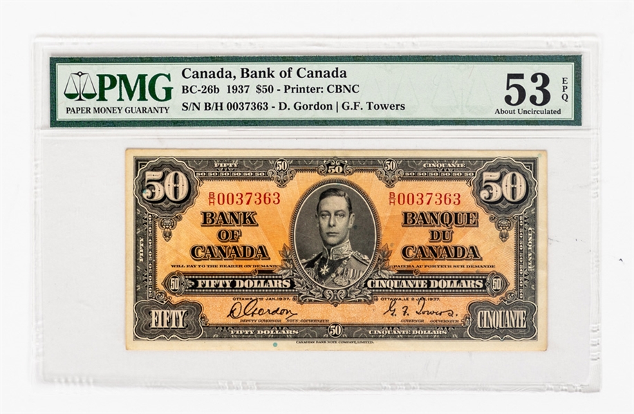 1937 Bank of Canada $50.00 Note (BC-26b - Gordon/Towers) SN# BH0037363- Graded PMG 53