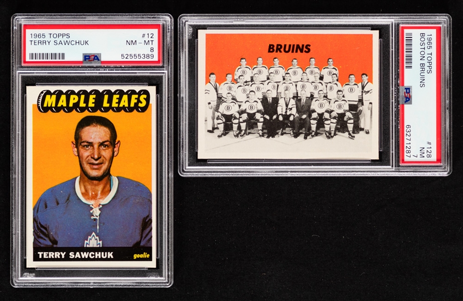 1965-66 Topps Hockey Card #12 HOFer Terry Sawchuk (PSA NM-MT 8) and 1965-66 Topps Hockey Card #128 Boston Bruins (PSA NM 7)