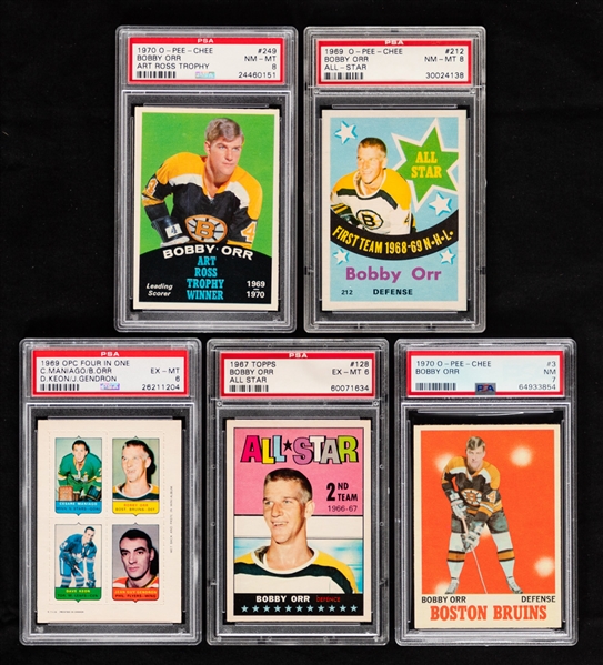 1967-68 to 1970-71 O-Pee-Chee and Topps PSA-Graded Hockey Cards of HOFer Bobby Orr (5) Inc. 1970-71 OPC #3 (NM 7), 1970-71 OPC #249 (NM-MT 8) and 1969-70 OPC #212 (NM-MT 8)