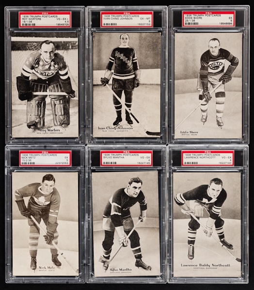 1936 Triumph Hockey Postcard PSA-Graded Starter Set (6/10) with Folder Inc. HOFers Eddie Shore (EX 5), Ching Johnson (EX-MT 6) and Roy Worters (VG-EX+ 4.5)