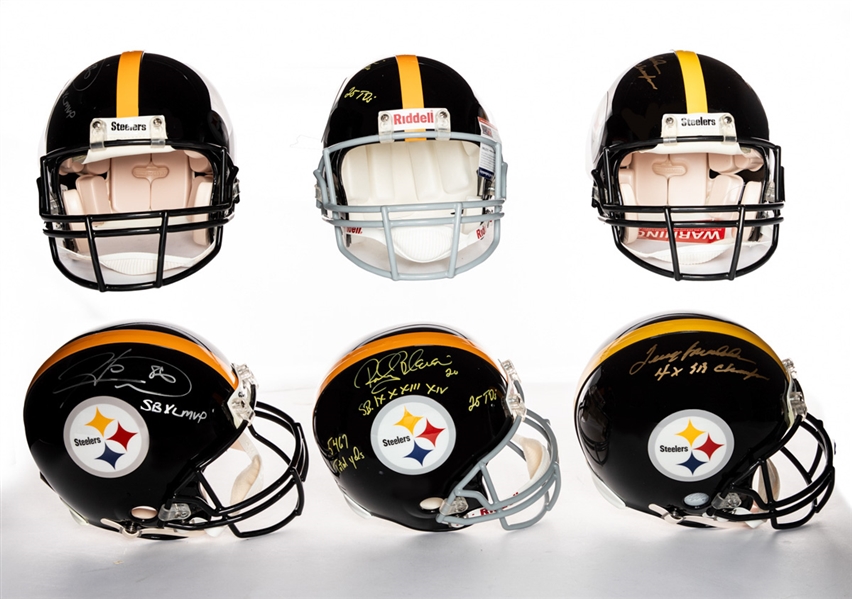 Terry Bradshaw, Hines Ward and Rocky Bleier Single-Signed Pittsburgh Steelers Full-Sized Riddell Helmets with COA’s – Super Bowl Inscriptions! 