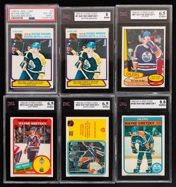 1980-81 to 1987-88 O-Pee-Chee Hockey Cards of HOFers Wayne Gretzky (8) and Mario Lemieux (2) Inc. PSA/KSA-Graded Examples (6)