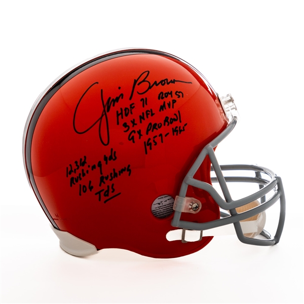 Jim Brown Signed Cleveland Browns Full-Size Riddell Replica Model Helmet with Steiner COA - Numerous Inscriptions!