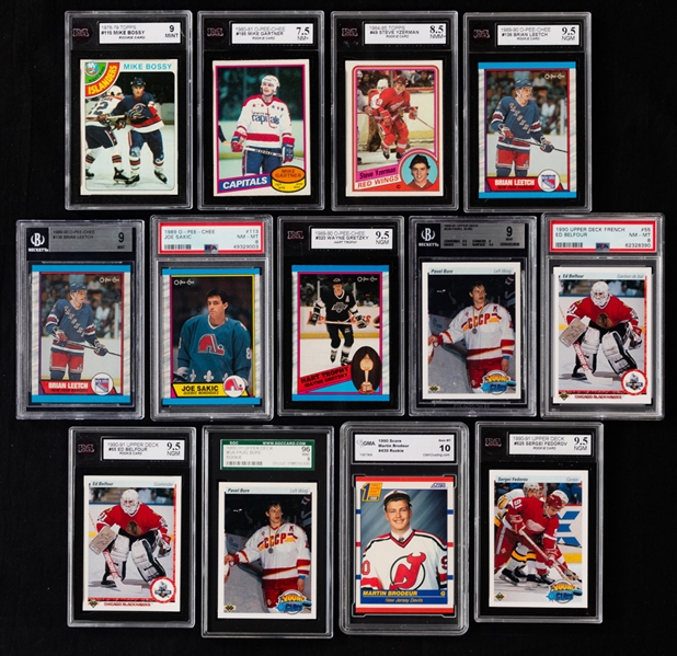 1978-79 to 1990-91 O-Pee-Chee, Topps and Other Brands Graded Hockey Cards (13) - Most are Rookie Cards Inc. Those of HOFers Bossy (KSA 9), Gartner (KSA 7.5), Yzerman (KSA 8.5 NM+) and Sakic (PSA 8)