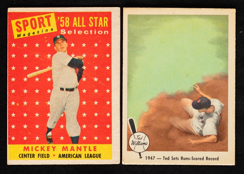 1958 Topps Baseball Card #487 HOFer Mickey Mantle All-Star and 1959 Fleer Baseball Card #34 HOFer Ted Williams