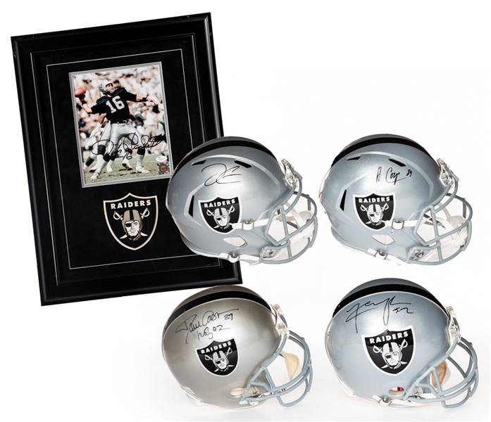 NFL Oakland/Los Angeles/Las Vegas Raiders Signed Full-Sized Riddell Helmet Collection of 4 Including Casper, Carr, Cooper and Mack Plus Jim Plunkett Raiders Signed Framed Display - All with COAs!