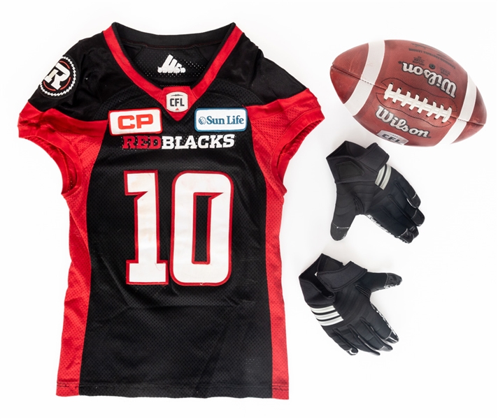 Serderius Bryants 2016 Ottawa Redblacks Game-Worn Jersey, Game-Worn Gloves and Fumble Recovery Football with His Signed LOA 