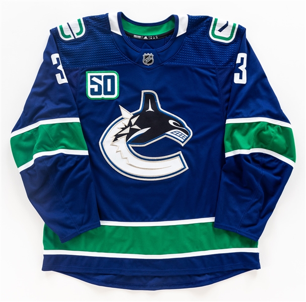 Brogan Raffertys 2019-20 Vancouver Canucks Game-Issued Jersey with COA - 50th Patch!