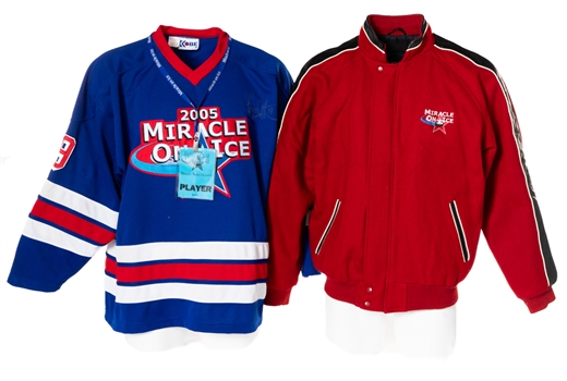 Brian Skrudlands 2005 "Miracle on Ice" Bryan Trottier Dual-Signed Event-Worn Jersey and Jacket from His Personal Collection with His Signed LOA