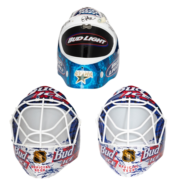 1995-96 and 1998-99 Florida Panthers and Dallas Stars Team-Signed Bud Light/Ice Goalie Mask Collection of 3 from Brian Skrudlands Personal Collection with His Signed LOA