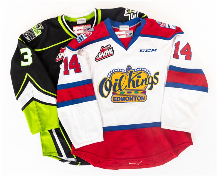 Davis Murrays and Brayden Gordas 2016-17 Edmonton Oil Kings Signed Game-Worn Jersey Collection of 2 - Rogers Place Inaugural Season Patches!