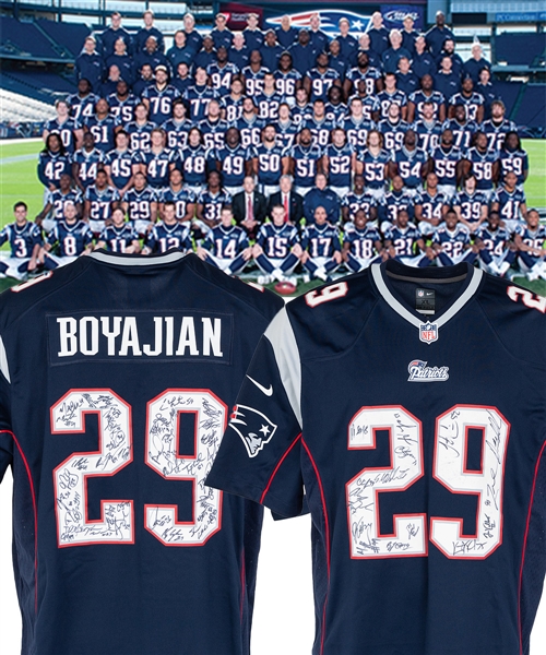 New England Patriots 2014 Super Bowl Champions Team-Signed Jersey Including Brady with PSA/DNA LOA - Gifted to Longtime Employee George Boyajian