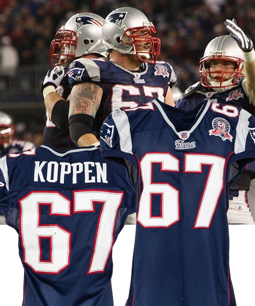 Dan Koppens 2009 New England Patriots Game-Worn Jersey with Team COA – 50th Anniversary Patch! - Nice Game Wear! - Team Repairs! - Photo-Matched!