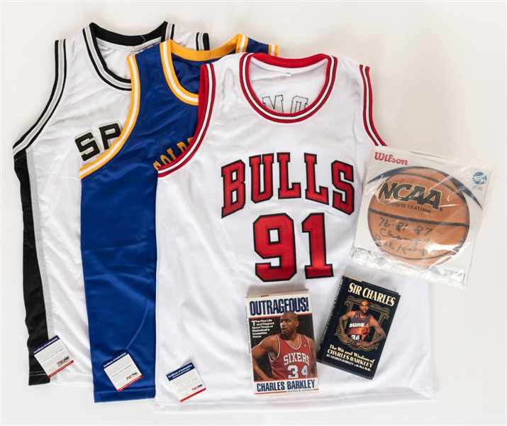 Signed Basketball Memorabilia Collection of 6 Including HOFers Dennis Rodman, Charles Barkley, David Robinson, Rick Barry and Bob Knight - All with COA/LOAs!