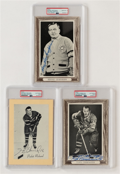 HOFers Henri Richard, Bernard Geoffrion and Yvan Cournoyer Signed Montreal Canadiens/Quebec Aces Bee Hive Hockey Photos (3) - All PSA/DNA Certified