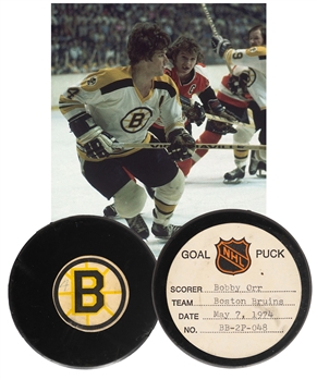 Bobby Orr’s Boston Bruins May 7th 1974 Stanley Cup Finals Goal Puck from the NHL Goal Puck Program - Season PO Goal #2 of 4 / Career PO Goal #23 of 26 – Game-Winning Goal!