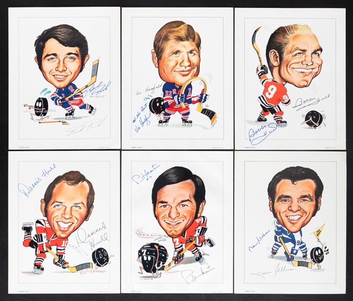 Early-1970s Sporticatures Hockey Print Collection of 71 Including Twelve (12) Signed Examples