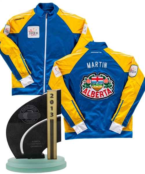 Kevin Martins 2013 Tim Hortons Brier Canadian National Curling Championship Team Alberta Event-Worn Jacket Plus 2013 Alberta Boston Pizza Cup Trophy from His Personal Collection with His Signed LOA