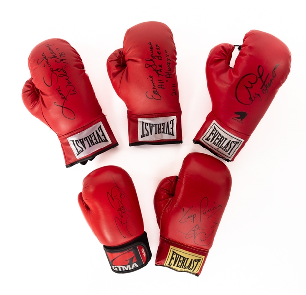 Signed Boxing Glove Collection of 5 Including Spinks, Shavers, Foreman, Esch and Chuvalo with JSA Auction LOA