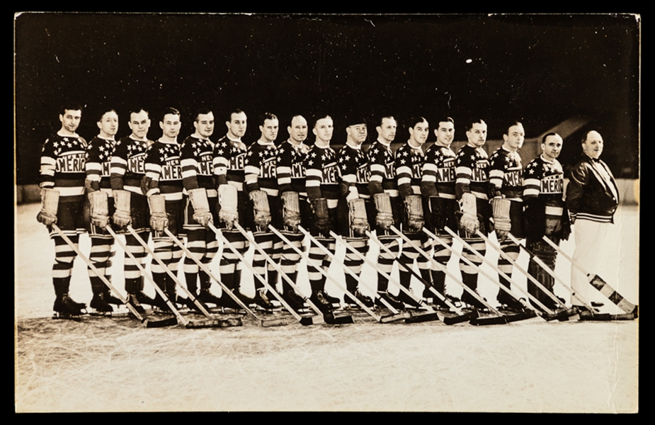 New York Americans 1935-36 Real Photo Team Postcard with HOFers Worters, Schriner, Stewart, Oliver, Dutton and Voss