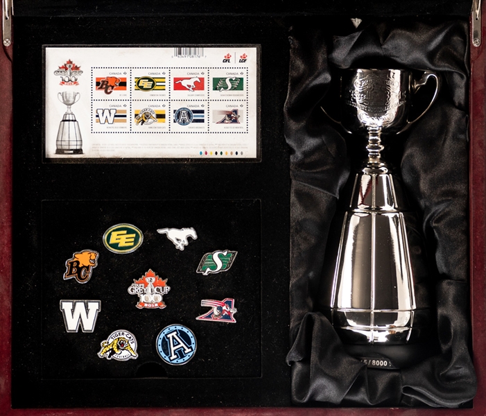 2012 Canada Post Grey Cup 100th Anniversary Boxed Set with Limited-Edition Mini Replica Cup, 1oz Silver Wafer, $1 Coin, Souvenir Sheet and Commemorative Stamp Pane and Team Pins