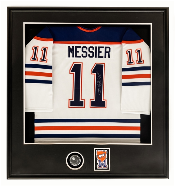 Mark Messier Signed Edmonton Oilers Framed Retirement Night Jersey and Puck (41" x 44”)
