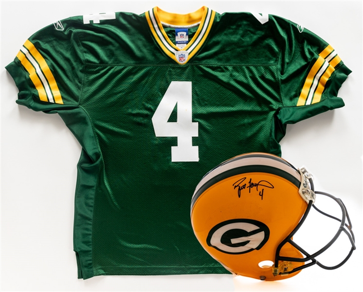 Brett Favre Signed Green Bay Packers Reebok Jersey Plus Signed Green Bay Packers Full-Sized Riddell Professional Model Helmet with JSA Auction LOA