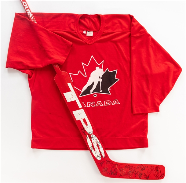 1998 Winter Olympics Team Canada Practice Jersey and Curtis Joseph Team-Signed Game-Issued Stick with LOA 