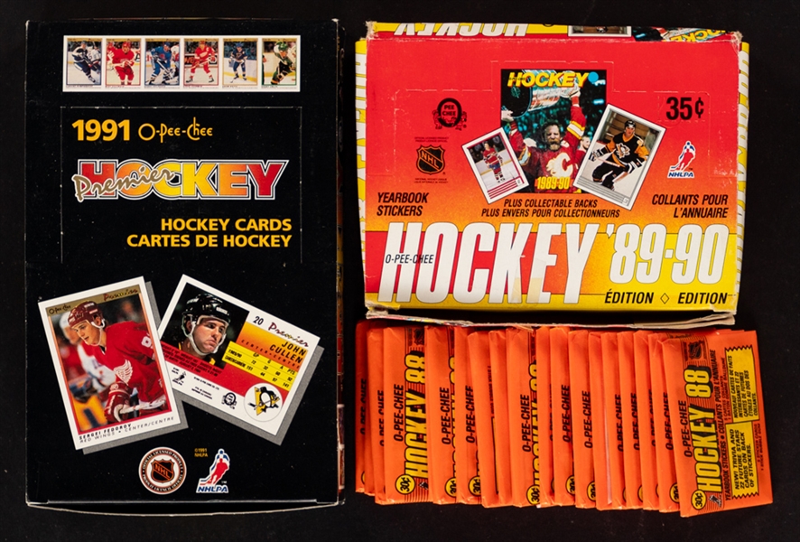 Modern Hockey Wax Boxes and Factory Sets Collection (20+) Including 1990-91 O-Pee-Chee Premier Box (36 Unopened Packs) and 1988-89 and 1989-90 OPC Stickers Box/Packs
