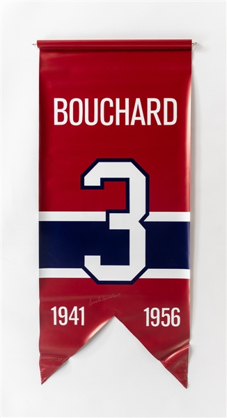 Elmer Lach (#16) and Butch Bouchard (#3) Signed Montreal Canadiens Jersey Number Retirement Banners with LOAs (20 ½” x 48”)