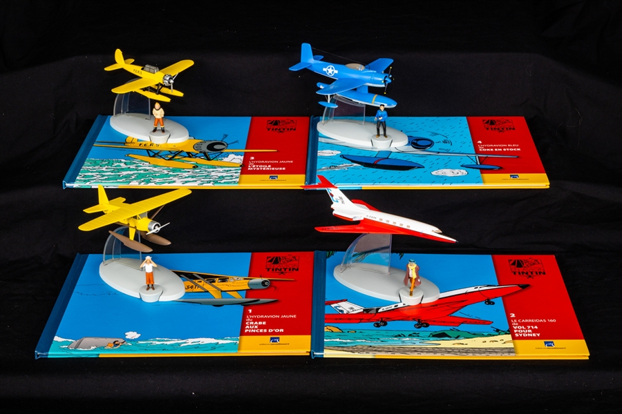 Comic Book Character Tintin Mid-2010s “En Avion Tintin” Die-Cast Airplane Collection of 50 with Books and Polyresin Figurines