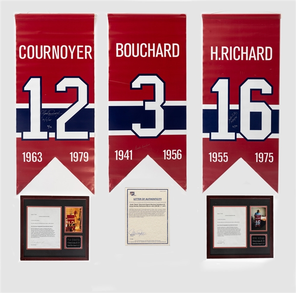 Henri Richard, Butch Bouchard and Yvan Cournoyer Signed Montreal Canadiens Limited-Edition Jersey Retirement Banners with Signed and Framed LOAs