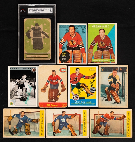Vintage Hockey Goalie Cards (10) Inc. 1933-34 O-Pee-Chee Series "A" #18 Lorne Chabot Rookie, 1961-62 Topps #32 Glenn Hall and 2001-02 Topps Heritage #A-GH Glenn Hall Signed Card