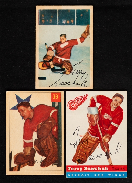 HOFer Terry Sawchuk Hockey Cards (3) Inc. 1953-54 Parkhurst #46, 1954-55 Parkhurst #33 and 1954-55 Topps #58