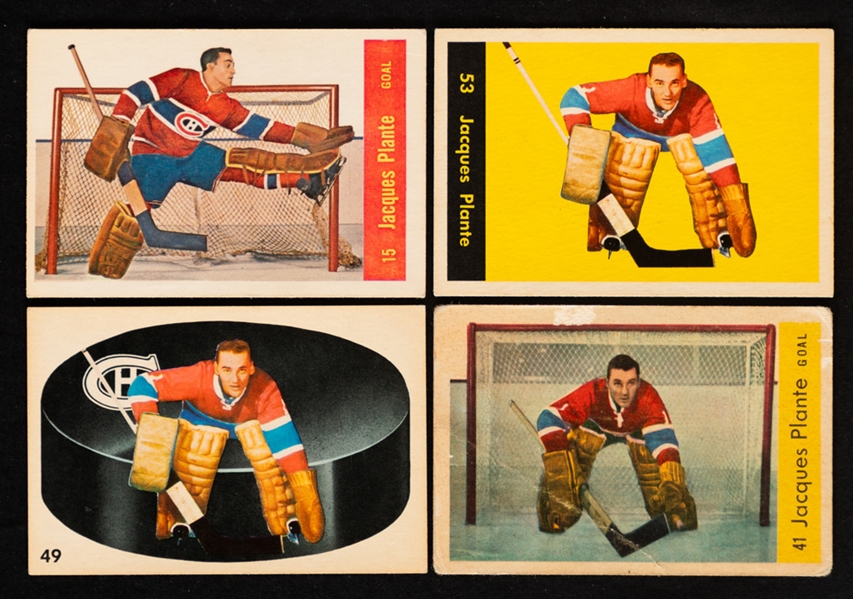HOFer Jacques Plante Hockey Cards (4) Inc. 1957-58 Parkhurst #15, 1960-61 Parkhurst #53 and 1962-63 Parkhurst #49