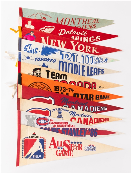 Vintage Hockey Pennants (11) Including C.1950s "Original Six" Era Examples of the Montreal Canadiens, Detroit Red Wings and New York Rangers