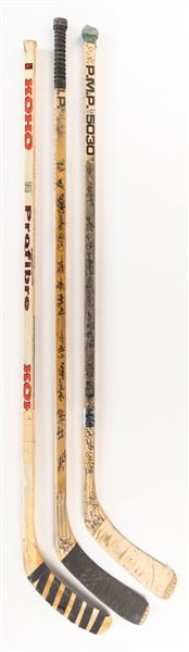 Edmonton Oilers 1990s Game-Used Team-Signed Stick Collection of 3 Including Craig Muni (1990-91), Mark Lamb (1991-92) and Petr Klima (1992-93)