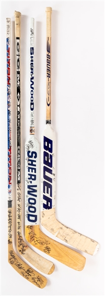 Edmonton Oilers 1990s Team-Signed Stick Collection of 4 Including Game-Used/Game-Issued Examples from 1995-96, 1997-98 (Essensa), 1998-99 (Brown) and 1999-2000