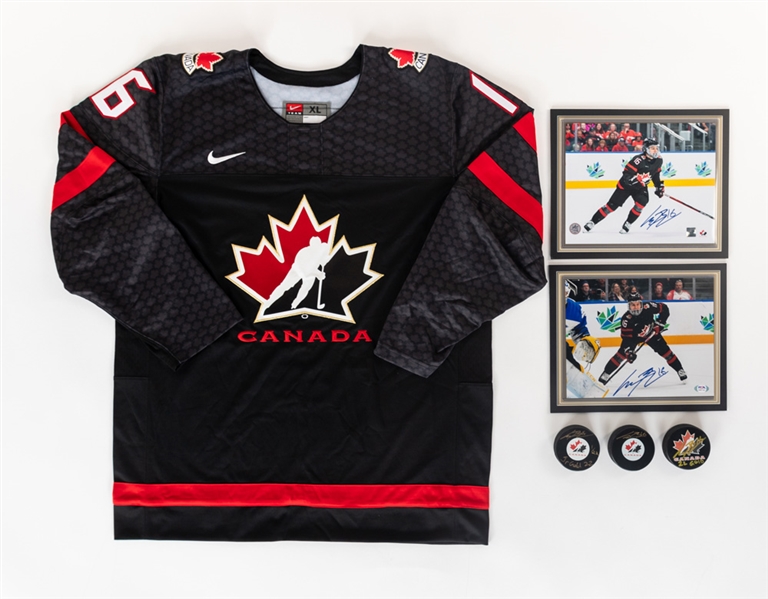 Connor Bedard Signed Team Canada Limited-Edition Jersey with "Jr Gold 22" Annotation (7/22) Plus Signed Pucks (3) and Signed Photos (2) - Most with COAs!
