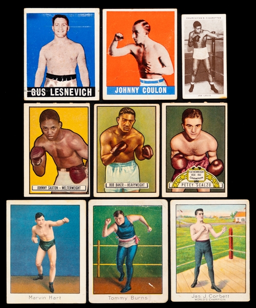 1910 to 1951 Boxing Card Collection (9) Inc. 1938 WA & AC Churchman Boxing Personalities #26 Joe Louis and 1910 ATC T220 Champion Athlete & Prize Fighter Series James Corbett