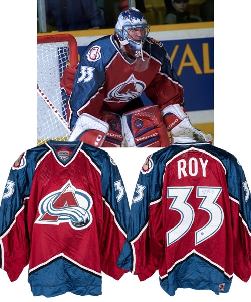 Patrick Roys 1995-96 Colorado Avalanche Signed Inaugural Season Game-Worn Jersey - Possibly His First Avalanche Road Jersey - Stanley Cup Championship Season! - Photo-Matched!