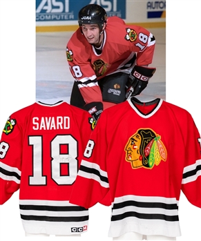 Denis Savards 1995-96 Chicago Black Hawks Signed Game-Worn Jersey with Signed Team LOA - Team Repairs! - Photo-Matched!