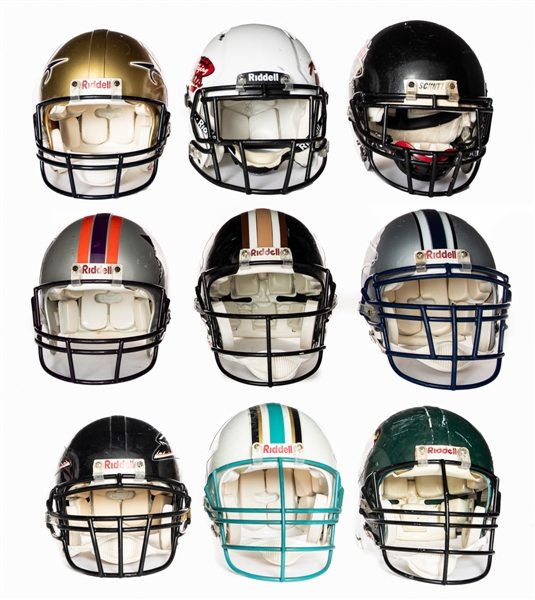 CFL Game-Worn Helmet Collection of 9 with Defunct Teams including Baltimore, Birmingham, Sacramento, Shreveport, Memphis and the Ottawa Renegades