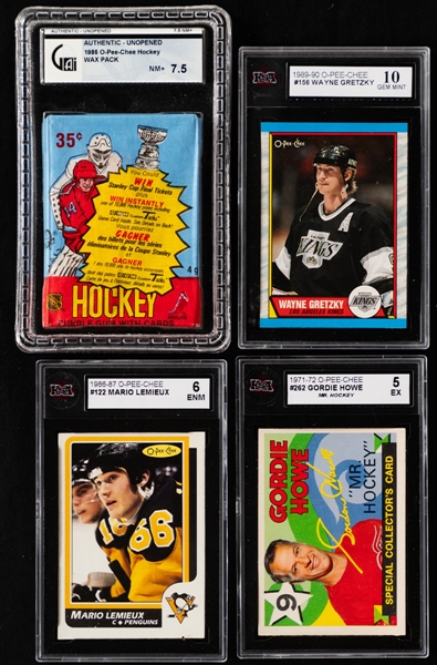 1984-85 O-Pee-Chee Hockey Unopened Wax Pack (Graded GAI NM+ 7.5) Plus KSA-Graded Hockey Cards of Gordie Howe, Mario Lemieux and Wayne Gretzky