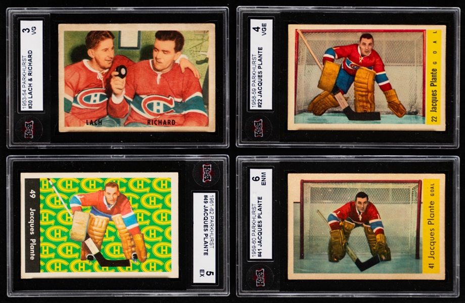 1953-54 to 1970-71 Parkhurst and O-Pee-Chee KSA-Graded Hockey Cards (8) Including HOFers Jacques Plante (3), Maurice Richard (3) and Terry Sawchuk (2)