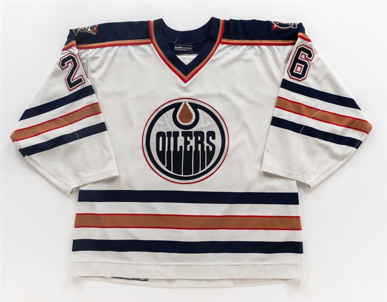 Todd Marchants 1996-97 Edmonton Oilers Game-Worn Jersey with Team LOA - Team Repairs!