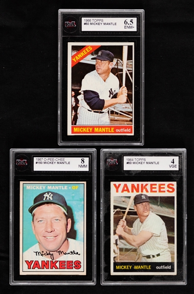 Mickey Mantle KSA-Graded Baseball Cards (3) Including 1967 O-Pee-Chee #150 (NMM 8), 1964 Topps #50 (VGE 4) and 1966 Topps #50 (ENM+ 6.5)