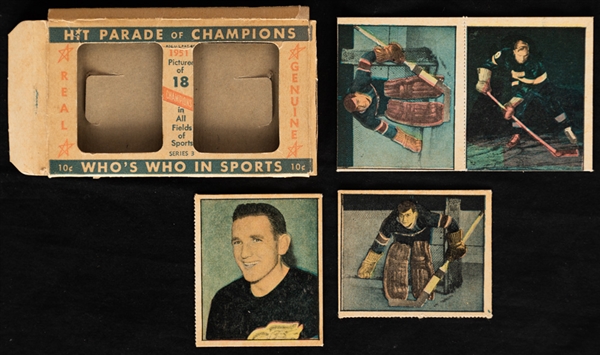1951 Berk Ross "Hit Parade of Champions" Hockey Card Collection Including Double Panel Bill Durnan #1-17 and Bill Quackenbush #1-18 and Wrapper Box Plus 1960-61 Topps Album
