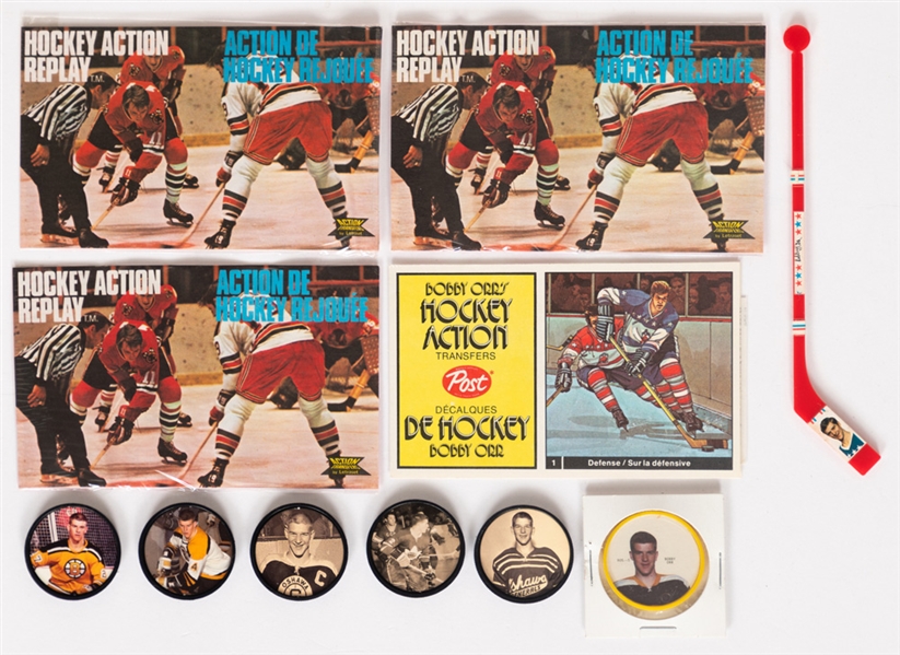 1972-73 Letraset Hockey Transfers Sealed Packs (3) Inc. #5 Bobby Orr, 1972-73 Post Bobby Orr Hockey Action Transfer #1, 1970-71 Post Hockey Orr Mini-Stick & 1968-69 Shirriff Hockey Coin #5 Bobby Orr